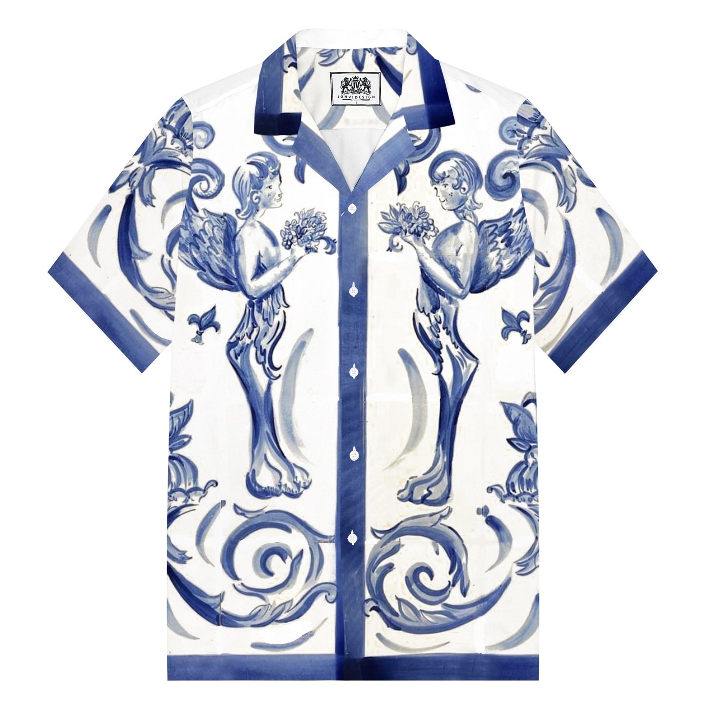 Little Angel Blue and White Porcelain Print Pattern Camp Collar Short Sleeve Shirt