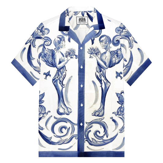 Little Angel Blue and White Porcelain Print Pattern Camp Collar Short Sleeve Shirt