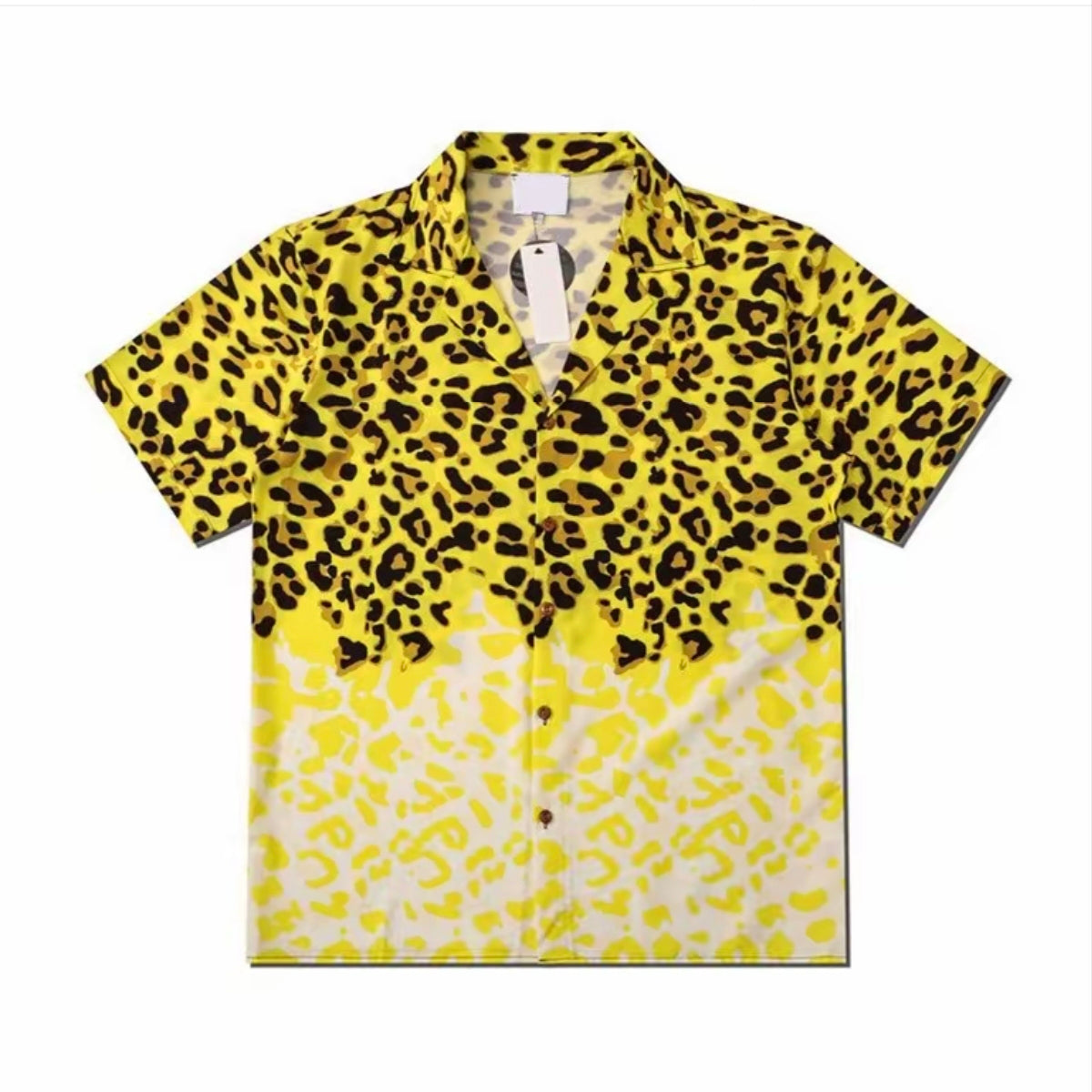 Yellow Gradient Leopard Print Cuban Collar Men’s Short‑Sleeve Shirt