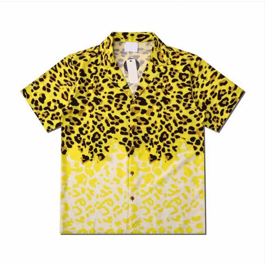 Yellow Gradient Leopard Print Cuban Collar Men’s Short‑Sleeve Shirt