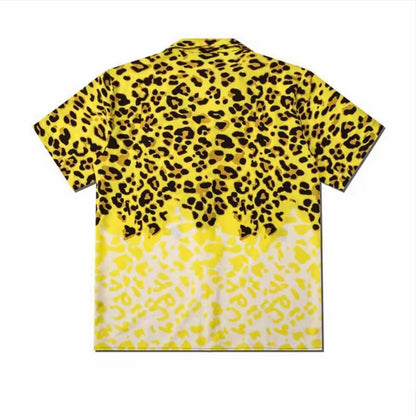 Yellow Gradient Leopard Print Cuban Collar Men’s Short‑Sleeve Shirt