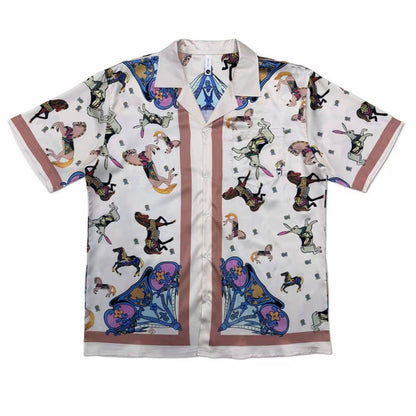 European‑style Horse Print Cuban Collar Men’s Short‑Sleeve Shirt