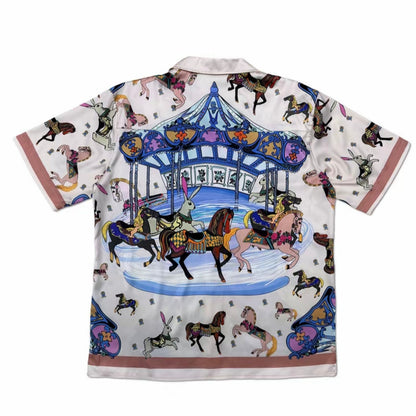 European‑style Horse Print Cuban Collar Men’s Short‑Sleeve Shirt
