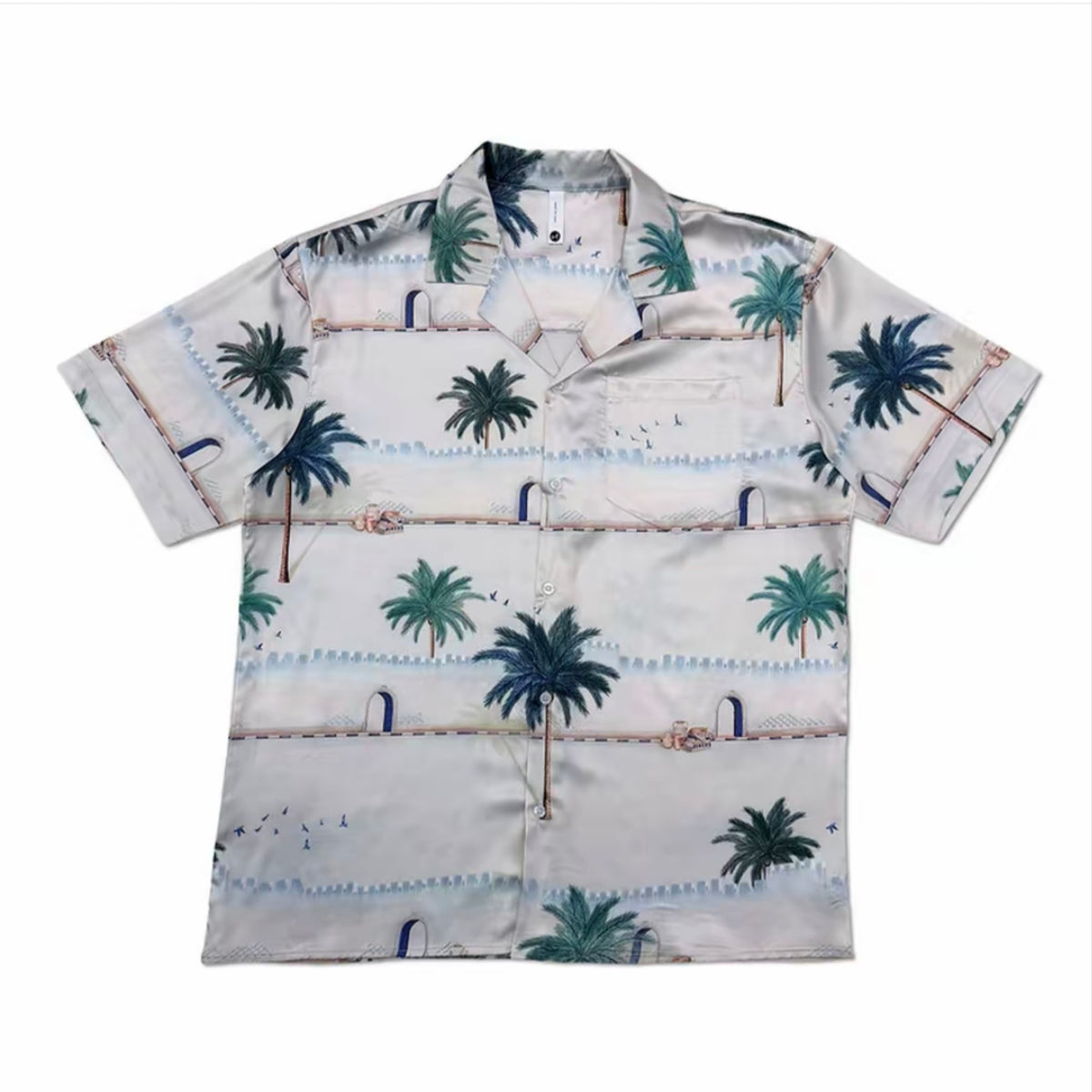 Coastal Palm Print Camp Collar Short‑Sleeve Shirt