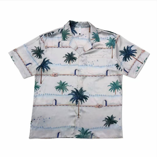 Coastal Palm Print Camp Collar Short‑Sleeve Shirt