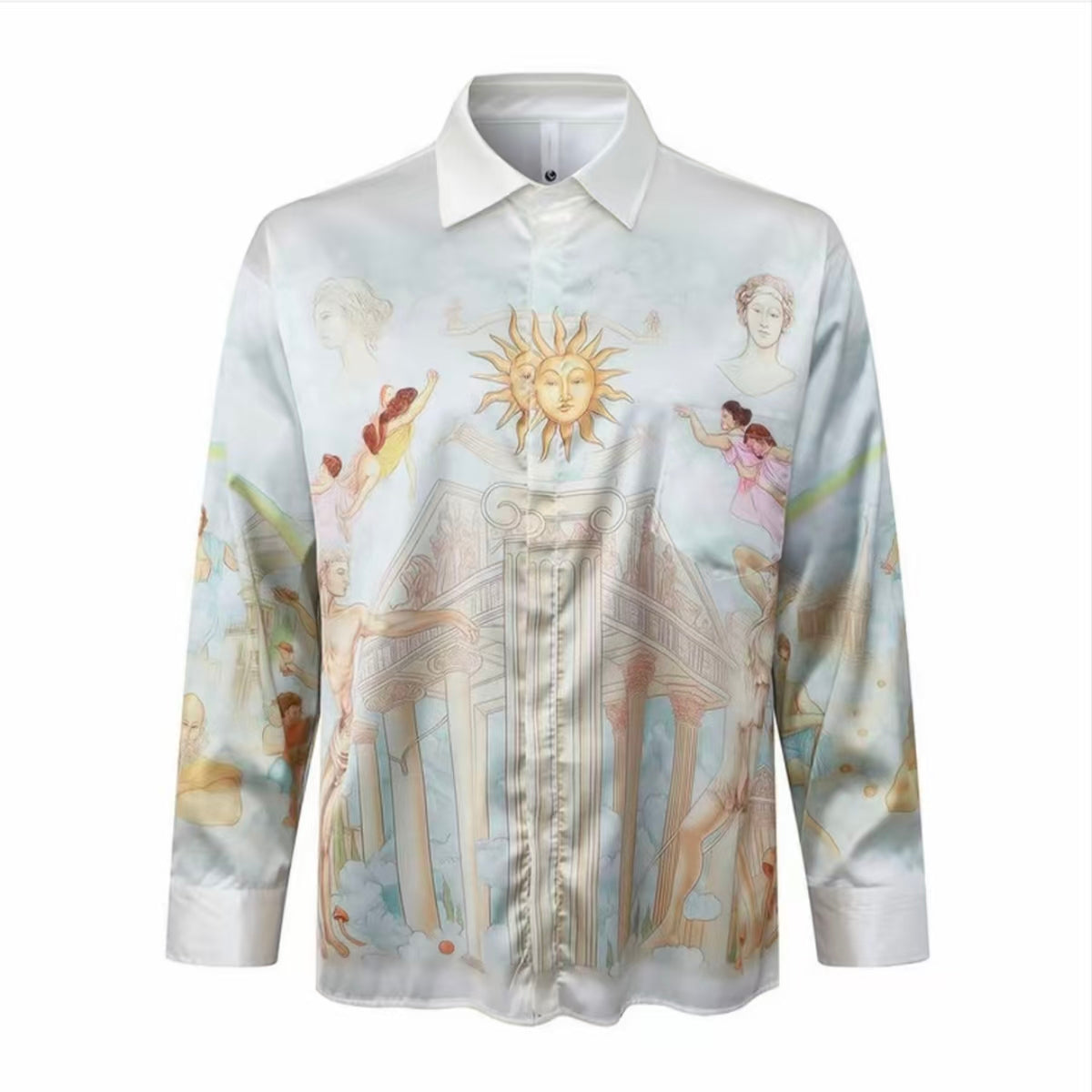 Baroque Myth‑Print Satin Long‑Sleeve Shirt