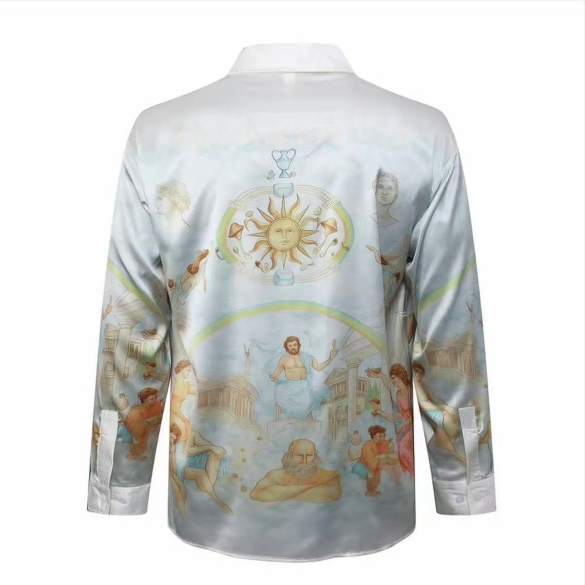 Baroque Myth‑Print Satin Long‑Sleeve Shirt