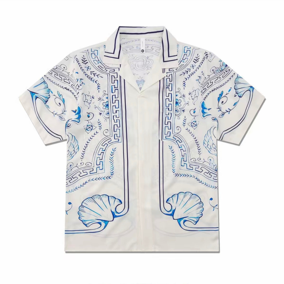 Blue-White Shell Ornate Print Men’s Cuban Collar Shirt