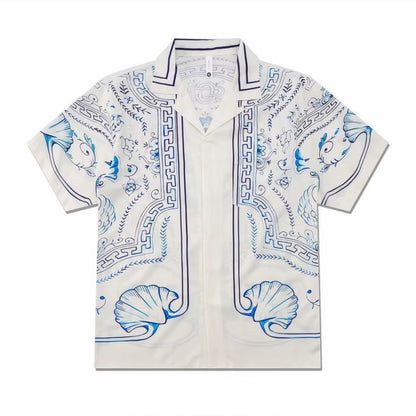 Blue-White Shell Ornate Print Men’s Cuban Collar Shirt