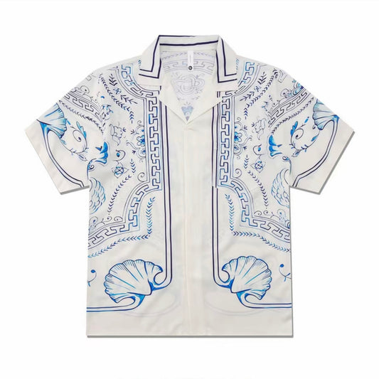 Blue-White Shell Ornate Print Men’s Cuban Collar Shirt