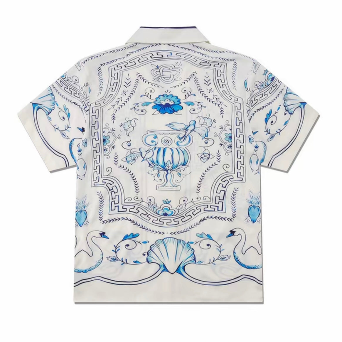 Blue-White Shell Ornate Print Men’s Cuban Collar Shirt