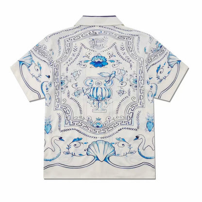 Blue-White Shell Ornate Print Men’s Cuban Collar Shirt
