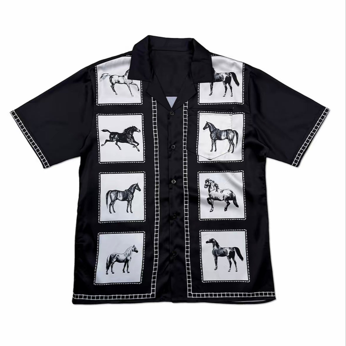 Black Horse Grid Print Men’s Cuban Collar Shirt