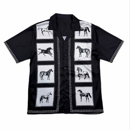 Black Horse Grid Print Men’s Cuban Collar Shirt