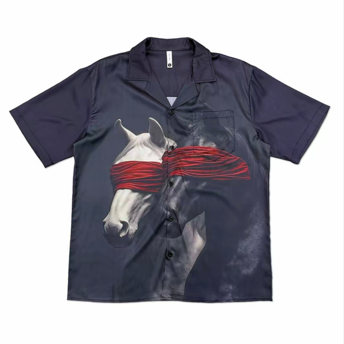 Dark Blue Blindfold Horse Art Print Men’s Cuban Collar Shirt