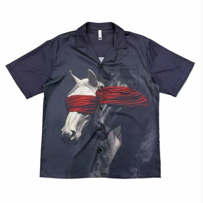 Dark Blue Blindfold Horse Art Print Men’s Cuban Collar Shirt