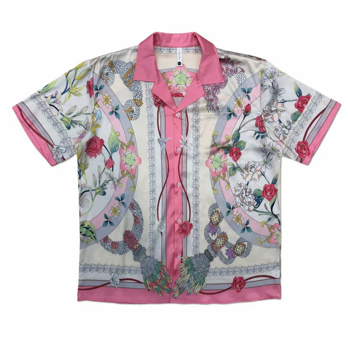 Pink Floral Baroque Print Men’s Cuban Collar Shirt