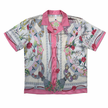 Pink Floral Baroque Print Men’s Cuban Collar Shirt