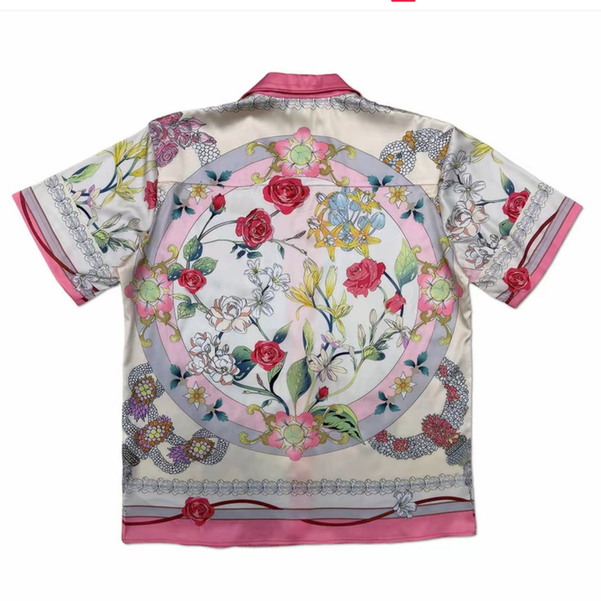 Pink Floral Baroque Print Men’s Cuban Collar Shirt