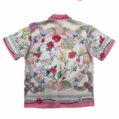 Pink Floral Baroque Print Men’s Cuban Collar Shirt