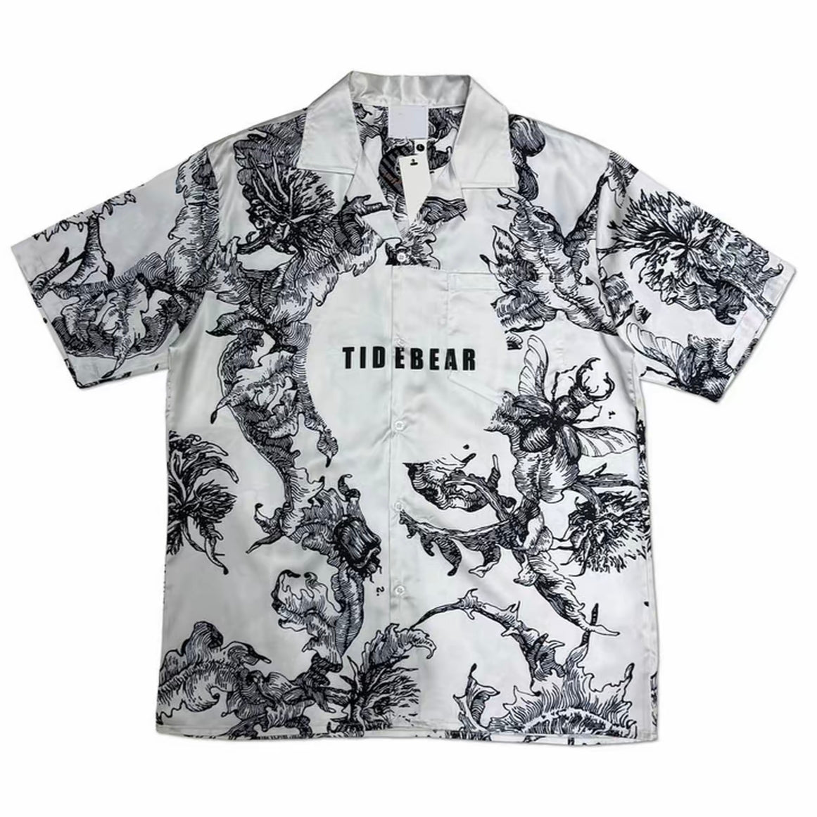 Black-White Engraved Floral Print Men’s Cuban Collar Shirt