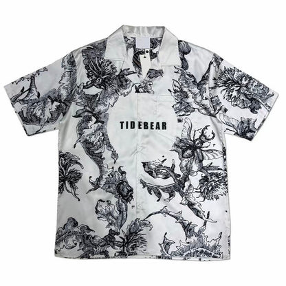 Black-White Engraved Floral Print Men’s Cuban Collar Shirt