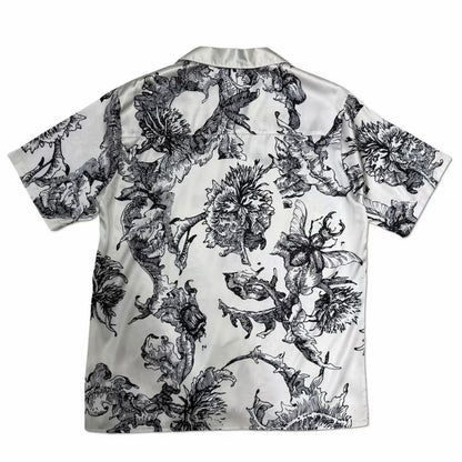 Black-White Engraved Floral Print Men’s Cuban Collar Shirt