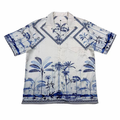 Blue-White Palm Tree Landscape Print Men’s Cuban Collar Shirt