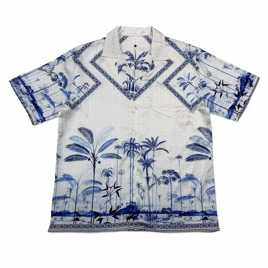 Blue-White Palm Tree Landscape Print Men’s Cuban Collar Shirt