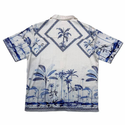 Blue-White Palm Tree Landscape Print Men’s Cuban Collar Shirt