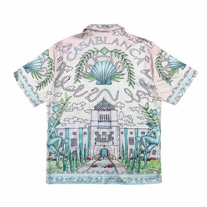 Pastel Mediterranean Tennis Camp Collar Short‑Sleeve Shirt