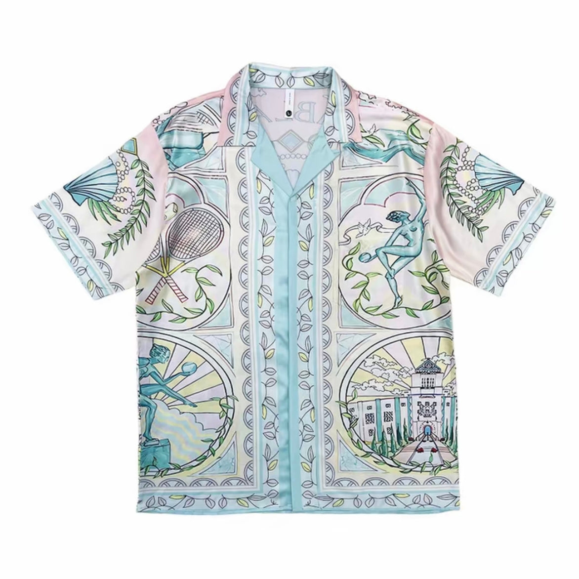 Pastel Mediterranean Tennis Camp Collar Short‑Sleeve Shirt