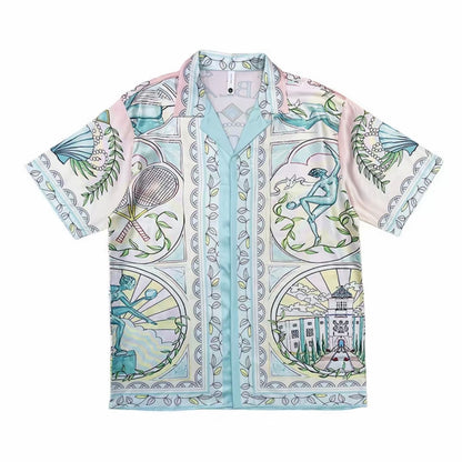 Pastel Mediterranean Tennis Camp Collar Short‑Sleeve Shirt