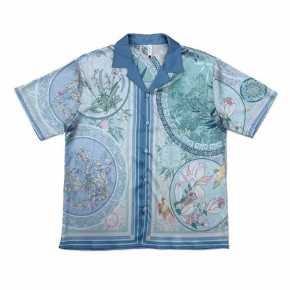 Chinese Ink Wash Floral Camp Collar Short‑Sleeve Shirt