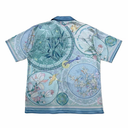 Chinese Ink Wash Floral Camp Collar Short‑Sleeve Shirt