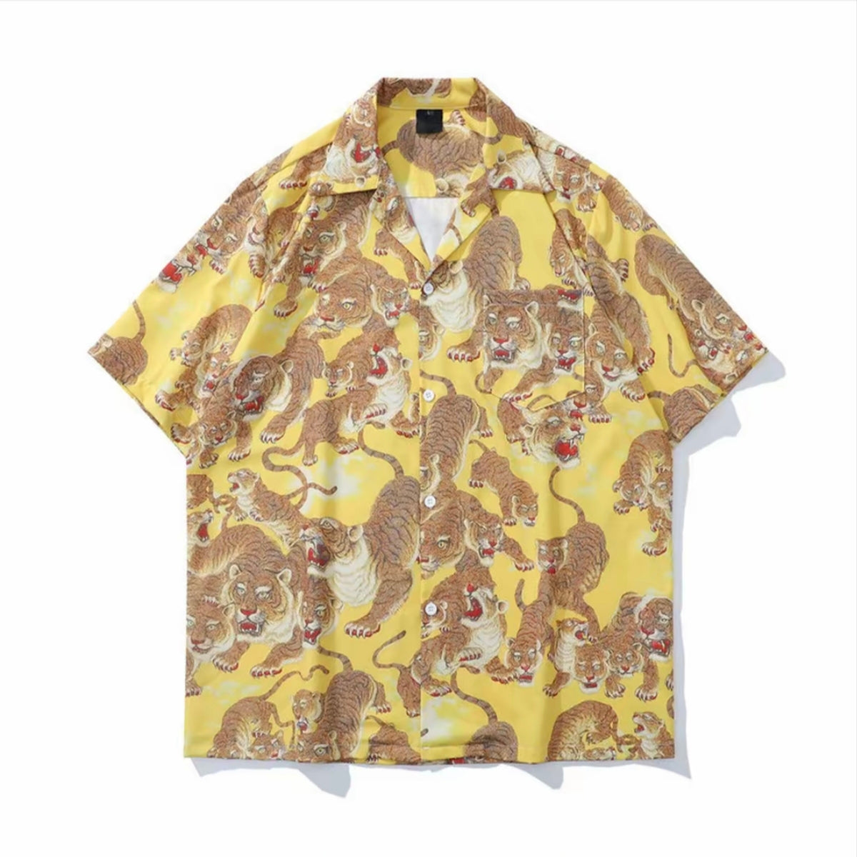 Vintage Tiger Print Men’s Camp Collar Short‑Sleeve Shirt