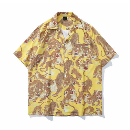 Vintage Tiger Print Men’s Camp Collar Short‑Sleeve Shirt
