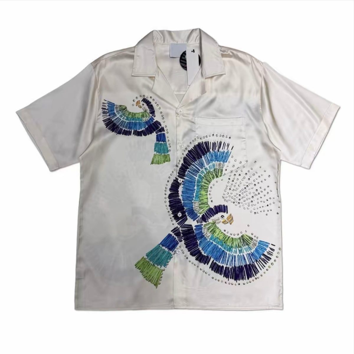 Vintage Bird Rhinestone Detail Men’s Cuban Collar Satin Shirt