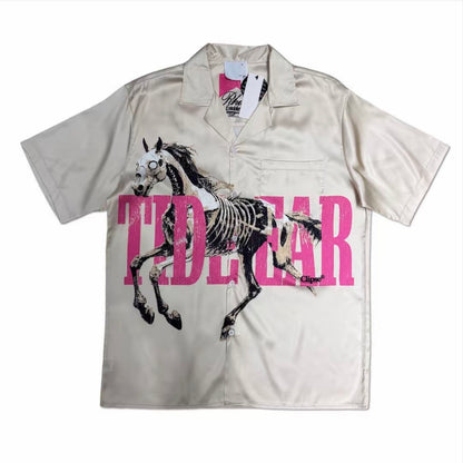 High‑Street Skeleton Horse Print Men’s Cuban Collar Satin Shirt