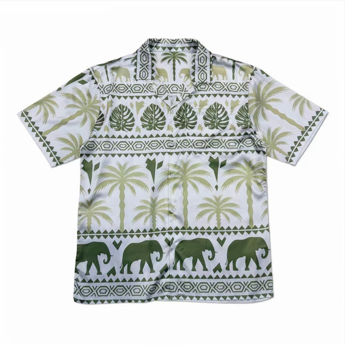 Bohemian Elephant & Palm Print Men’s Cuban Collar Short‑Sleeve Shirt