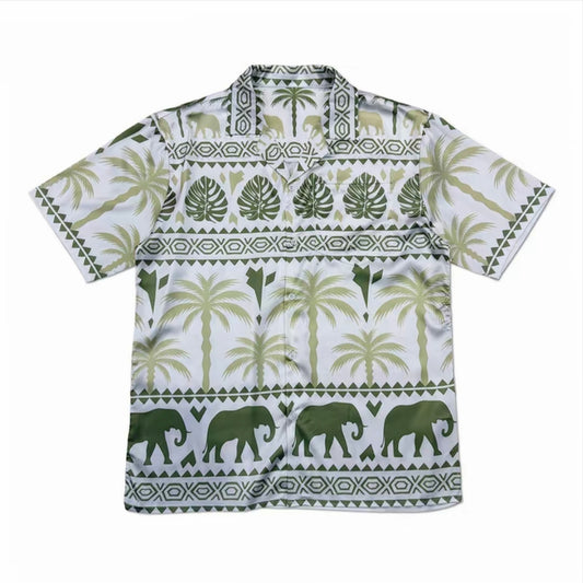 Bohemian Elephant & Palm Print Men’s Cuban Collar Short‑Sleeve Shirt