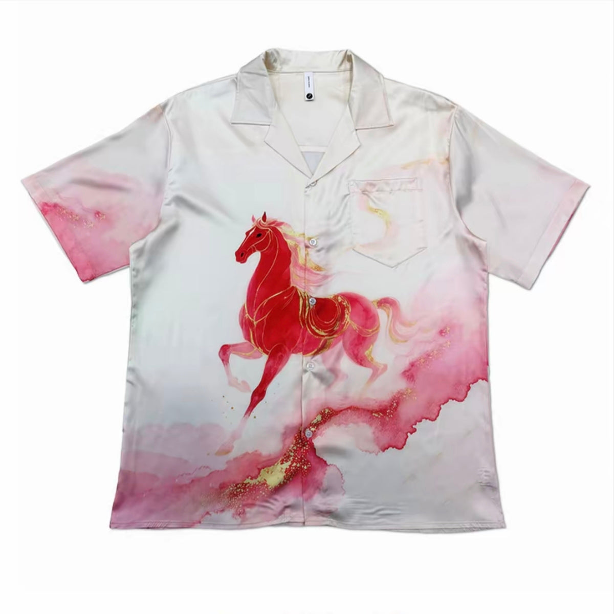 Chinese‑Style Ink Wash Red Horse Men’s Cuban Collar Satin Shirt