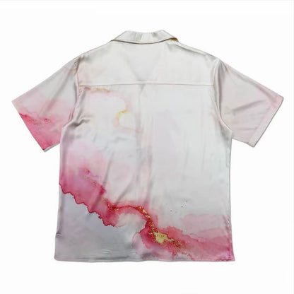 Chinese‑Style Ink Wash Red Horse Men’s Cuban Collar Satin Shirt