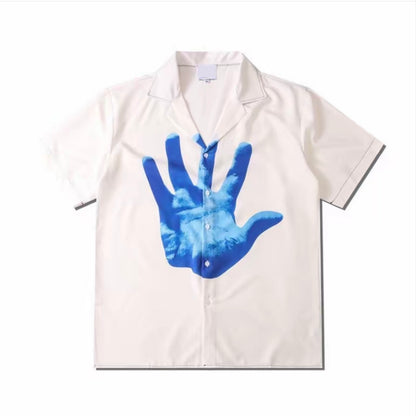 Abstract Blue Handprint Men’s Cuban Collar Short‑Sleeve Shirt