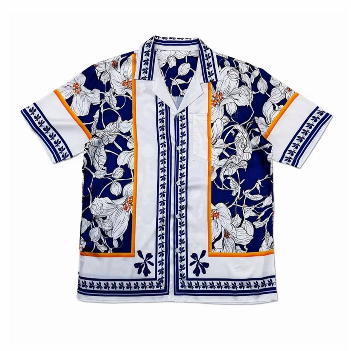 Blue‑White Floral Frame Cuban Collar Men’s Short‑Sleeve Shirt