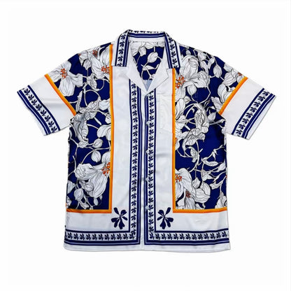 Blue‑White Floral Frame Cuban Collar Men’s Short‑Sleeve Shirt