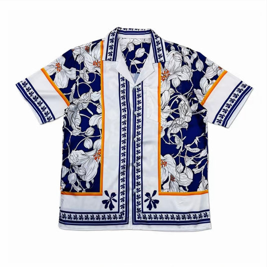 Blue‑White Floral Frame Cuban Collar Men’s Short‑Sleeve Shirt