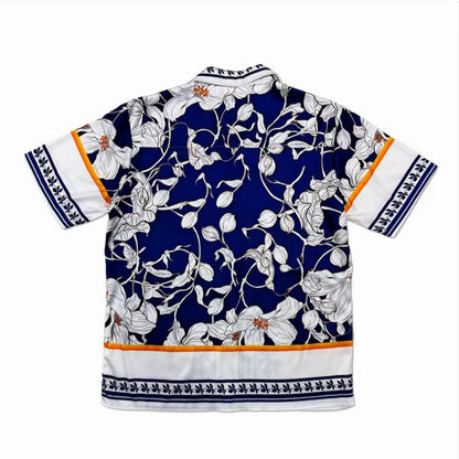 Blue‑White Floral Frame Cuban Collar Men’s Short‑Sleeve Shirt