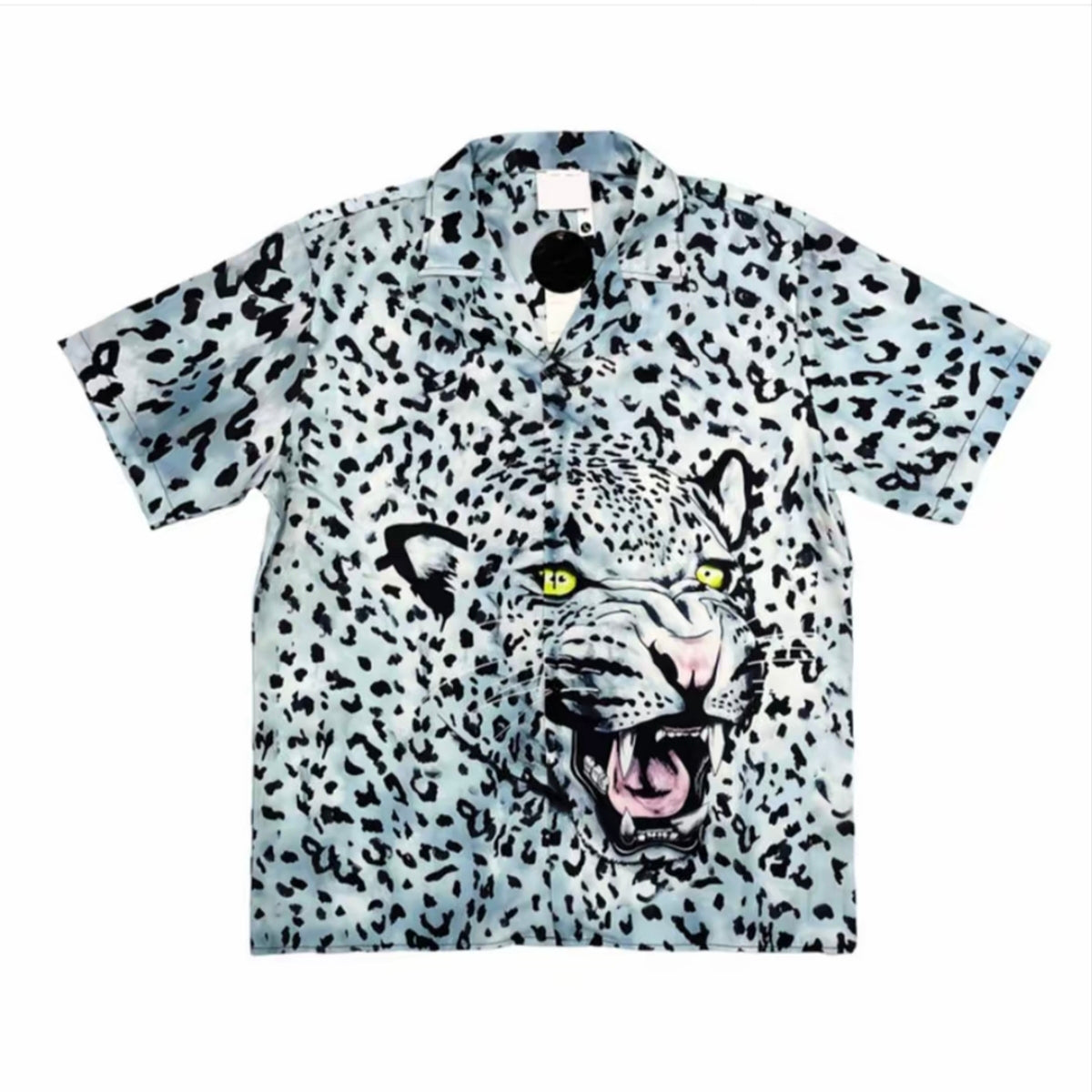 Silver Panther Print Cuban Collar Men’s Short‑Sleeve Shirt