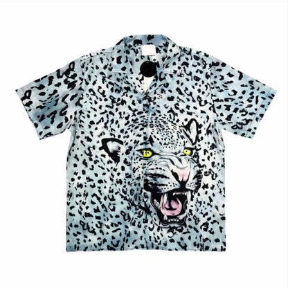 Silver Panther Print Cuban Collar Men’s Short‑Sleeve Shirt